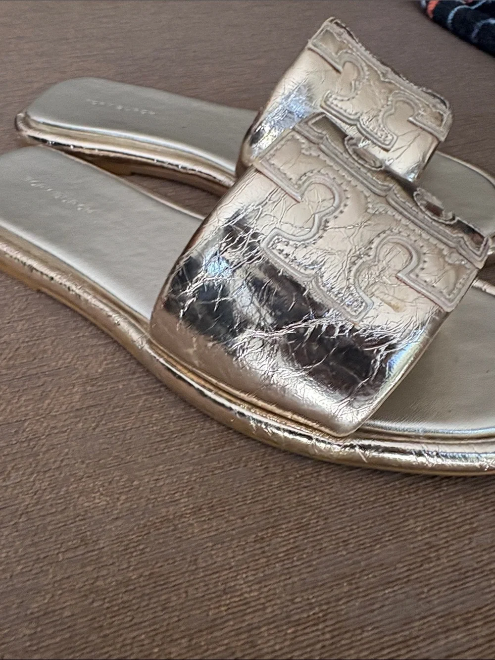 Tory Burch Iridescent Metallic Gold Logo Slide Sandals